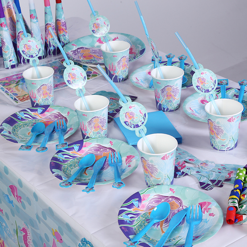 2021 hot party Mermaid Kids Birthday Party Cake Rack Table Cloth Paper Cup Birthday Hat Set