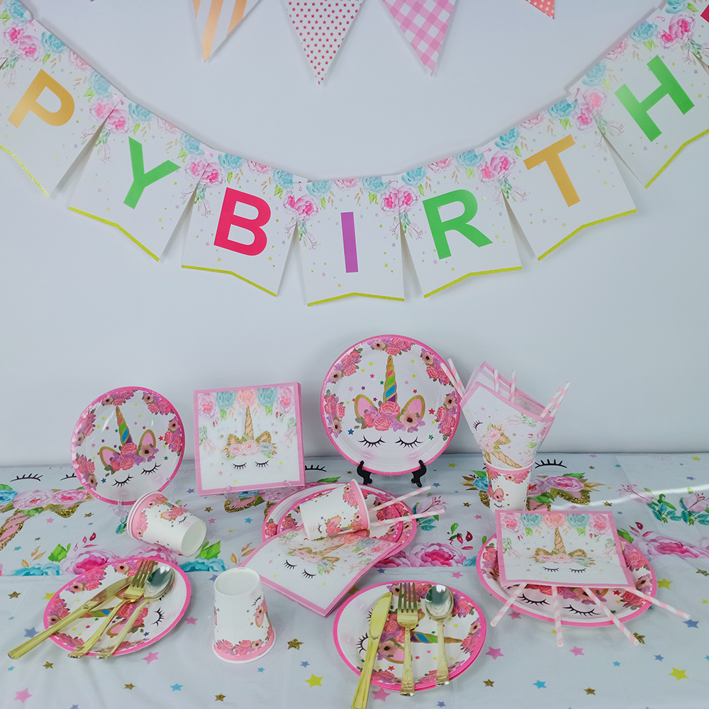 Unicorn Party Supplies Serve Happy Birthday Banner/Backdrop/Balloons/Hats/Plates/Table Cloth